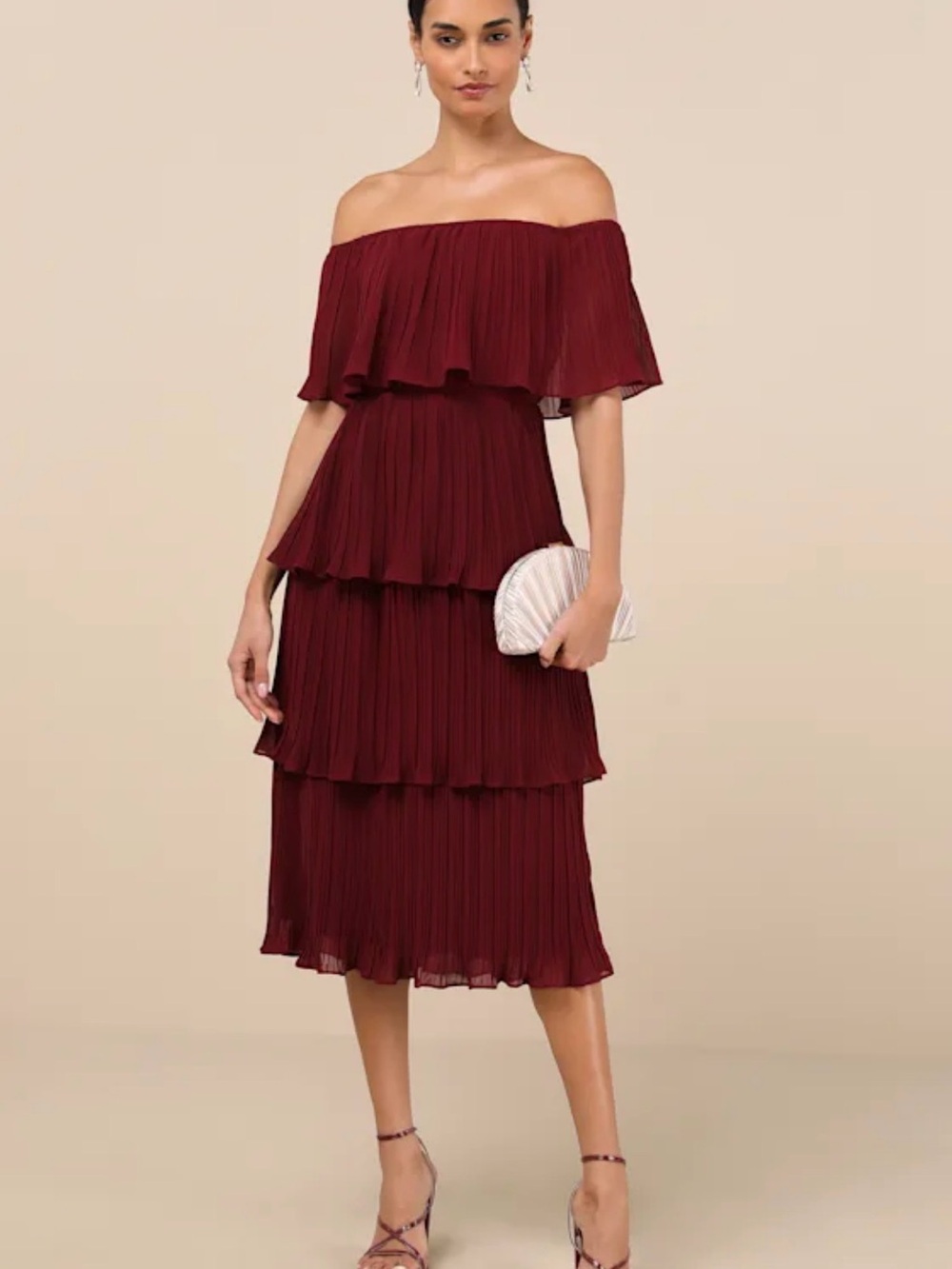 Lulu's Off-Shoulder Tiered Midi Dress in Burgundy